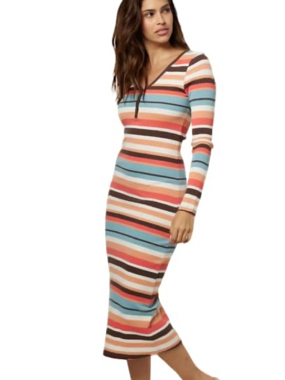 O'Neill Striped Ribbed Knit Long Sleeve Henley Midi Dress